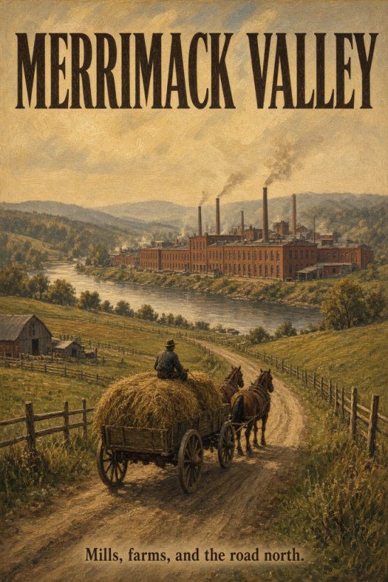 Vintage poster of the Merrimack Valley: brick mills along the river, a farm, and a road running north. Caption: Mills, farms, and the road north.