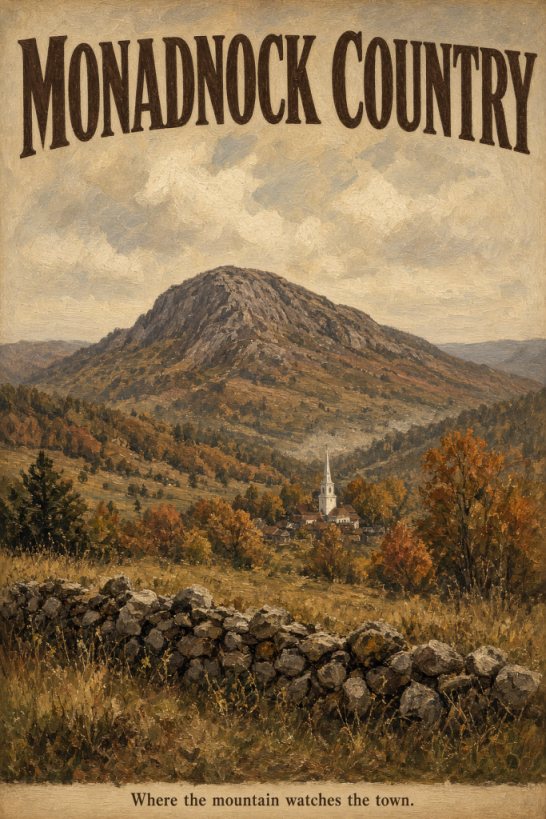 Vintage poster of Monadnock Country: a white church and red barns in a valley, with Mount Monadnock behind them. Caption: Where the mountain watches the town.