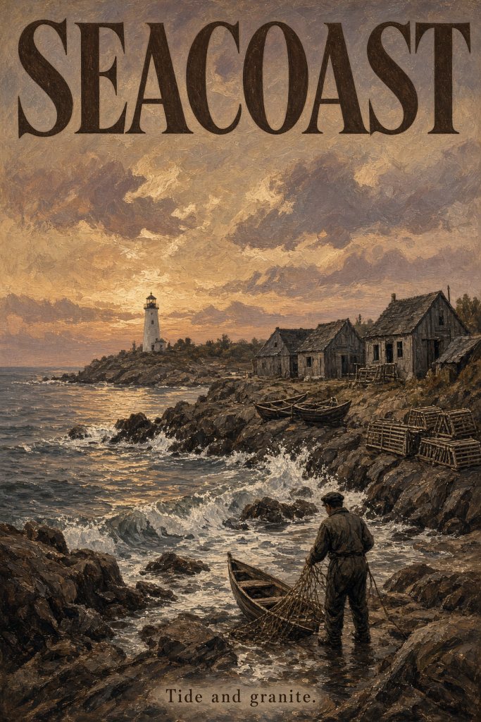 Vintage poster of the Seacoast: granite rocks, a lighthouse, fishing boats on the water, and a gull. Caption: Tide and granite.