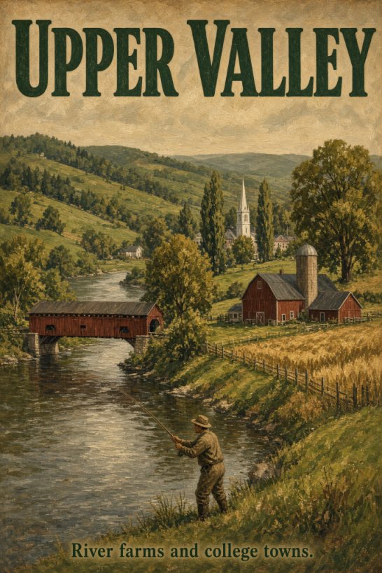 Vintage poster of the Upper Valley: a red barn and farmhouse by a river, a covered bridge, and a college town on the far hill. Caption: River farms and college towns.