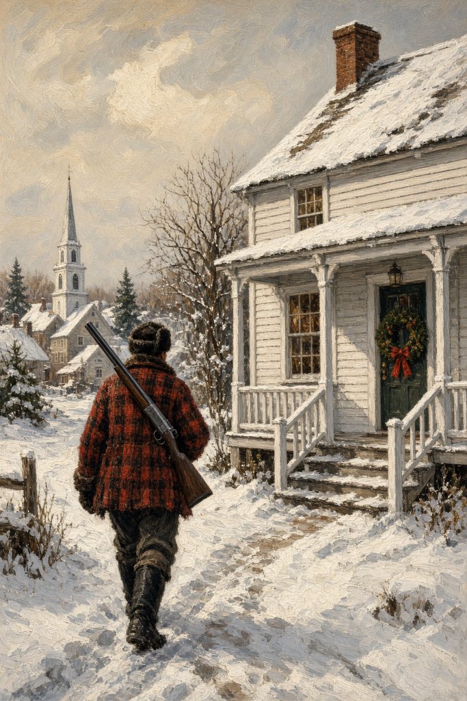 A snowy village green with a white church, evergreens, and people on a path