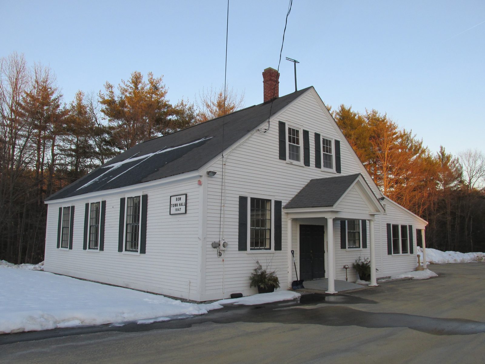 Bow Town Hall, a white 1847 building with a cupola, in Bow, New Hampshire