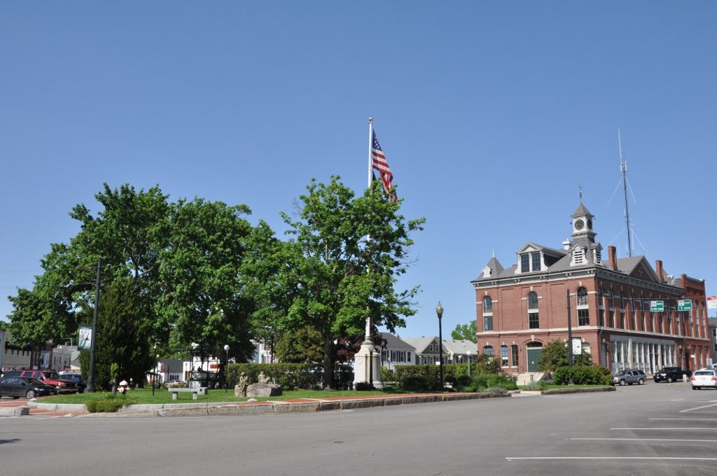 The white bandstand on the Milford Oval in Milford, New Hampshire